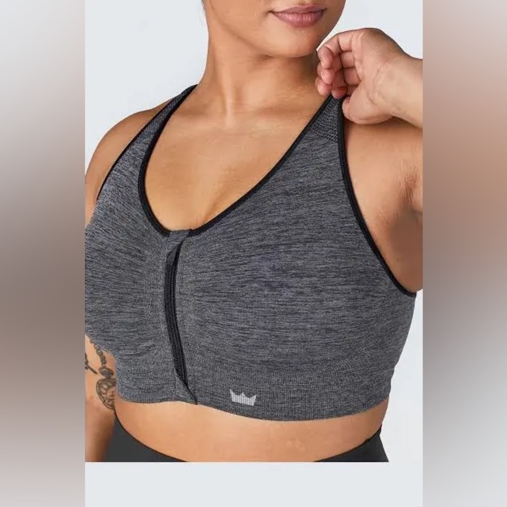 SHEFIT Ultimate Perfect Lounge Sports Bra 6 Luxe Front Zip Gray Black No PADS